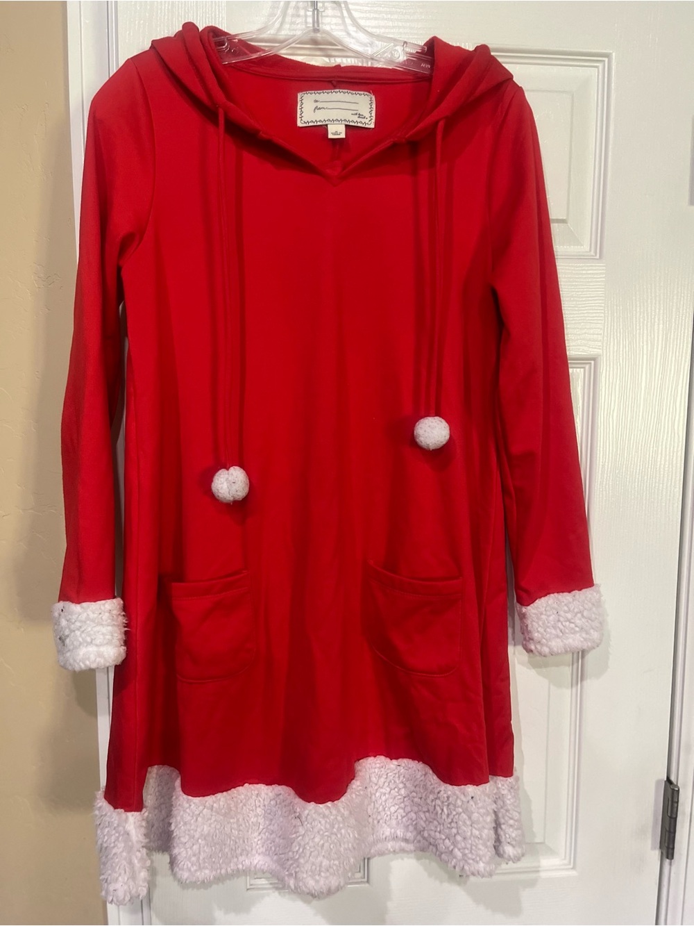Womens Red Holiday Hooded Dress with Faux Fur Trim